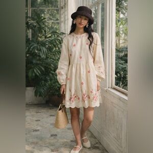 Caroline Constas Cream Floral Embroidered Mini Dress Long Sleeve Scalloped Hem M